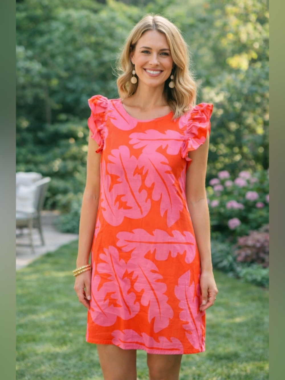 Michelle McDowell Bright Pink & Orange Ruffle Sleeve Shift Dress Tropical Print